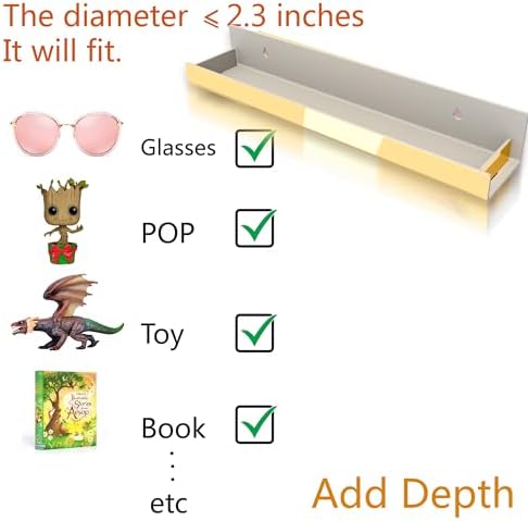 4 Pack 15 Inch Gold Reflective Acrylic Shelves, Gold Foating Shelves, Modern Sunglasses Essential Oil Picture Ledge Display Toy Storage Shelf