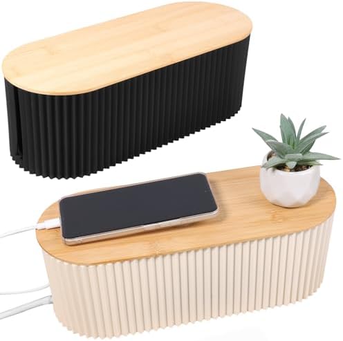 2Pcs Cable Management Box, 13 × 5.12 × 4.33 inch Plastic Cord Hider Box with Wood Lid, Hidden Storage Cord Organizer Box