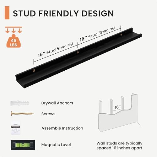 FLYJOE Picture Ledge Shelf, Floating Shelves Set of 2, Solid Ash Wood 48'' Long Large Nursery Book Shelves for Toys Storage, Kids Bookshelf for Living Room Bedroom Decor Books Photo Frames, Black
