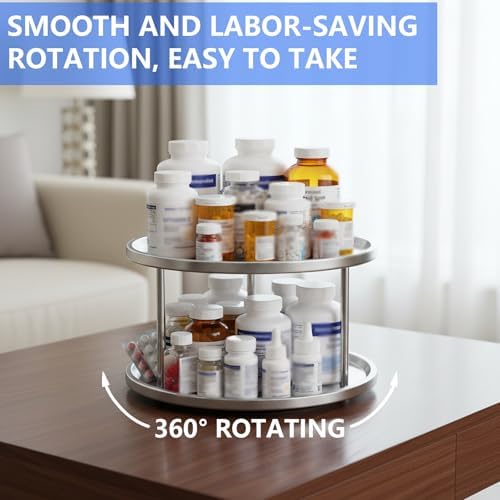 Lazy Susan 2-Tier Stainless Steel Turntable Organizer for Medicine, Vitamin and Pill Bottle Organizer 360° Rotating Tray