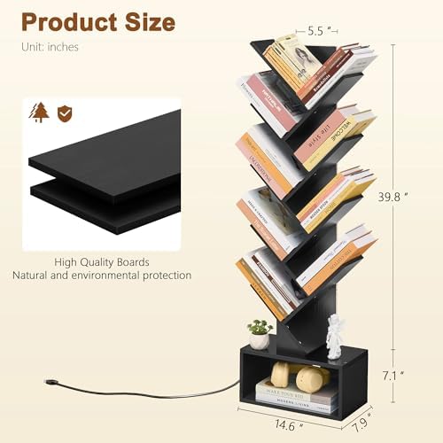 Hoctieon 9 Tier Tree Bookshelf, Tall Bookcase, Freestanding Book Shelf with LED Lights, Display Floor Standing Storage S