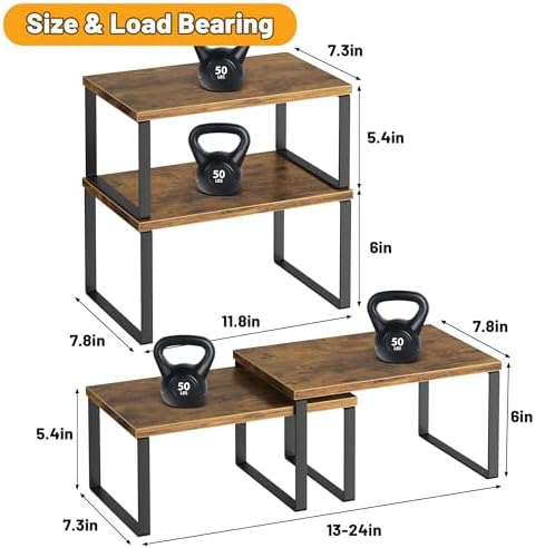 Kitchen Cabinet Organizer Shelf Set of 4, Sturdy Kitchen Counter Shelves with Metal Legs, Stackable Expandable Wood Spic