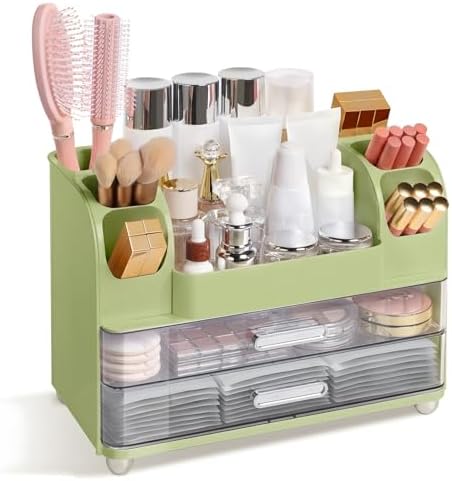 Makeup Organizer for Vanity with 2 Large Drawers and 6 Brush Holders, Green