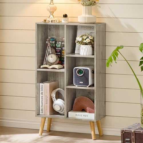 LEYAOYAO 5 Cube Bookshelf, Mid-Century Modern Book Shelf with Legs, Grey