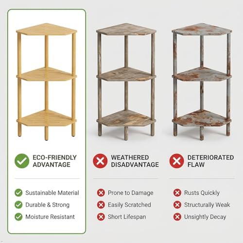 3 Tier Bamboo Corner Shelf, Storage Stand with Adjustable Feet, Small Spaces Corner Bookshelf, Plant Stand, Space-Saving