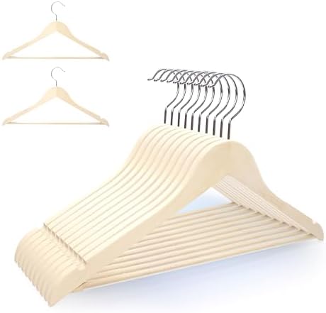 Premium Wooden Hangers 10 Pack, Solid Wood Hanger with Non Slip Pant Bar, Heavy Duty Wooden Coat Hanger, Smooth Finish Wood Clothes Hangers for Shirts, Suits, Jackets, Dress (Natural Unfinished)
