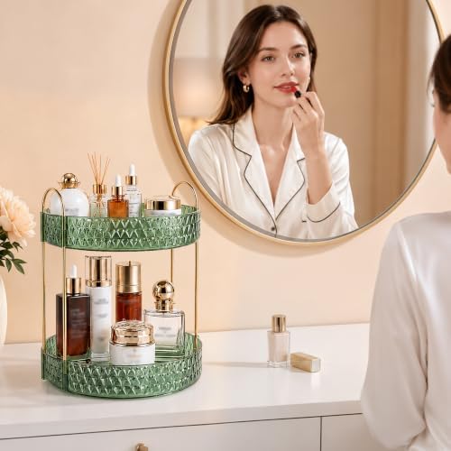 Large Capacity Rotating Makeup Organizer Perfume Stand Holder, 2 Tier Green