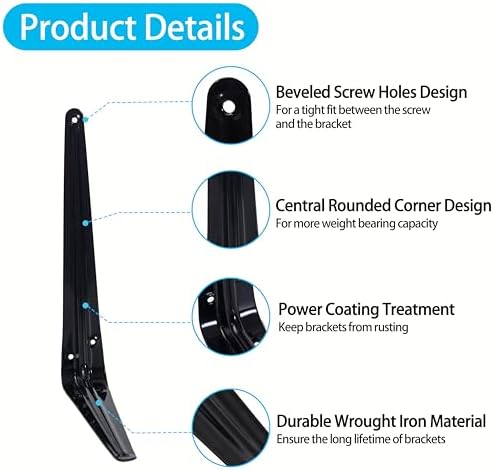 20 Pack Shelf Brackets 10 Inch, Black Metal Brackets for Shelves, L Shape Shelving Brackets (Black, 10" x 8")