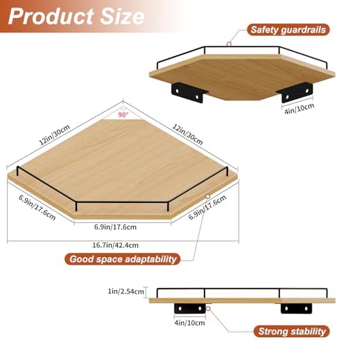JJL Corner Shelf Wall Mounted, 12 Inches 2-Tier Floating Corner Shelf, Hexagon Rustic Wood Decor with Fence, Natural Woo