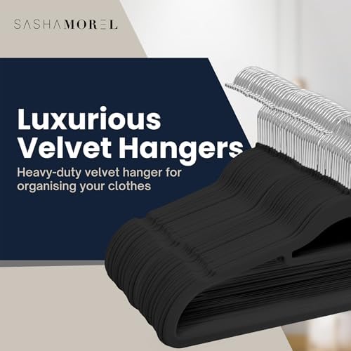 50 Pack Velvet Hangers | Non-Slip Velvet Clothing Hangers with Tie Organisers | Space Saving Hangers and 360° Swivel Hooks Wardrobe Storage Organiser, Black