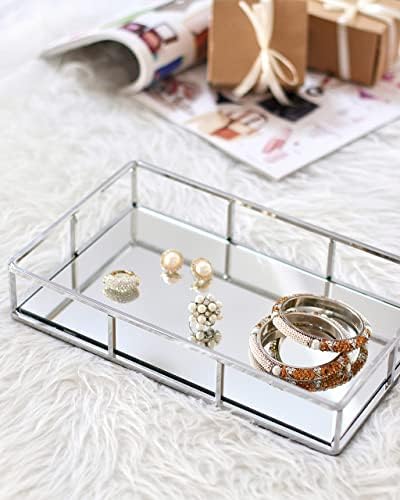 JollyCaper Silver Mirror Vanity Tray, Rectangle 12x8x2 Inches - Jewelry, Perfume, Makeup Organizer - Decorative Metal Tr