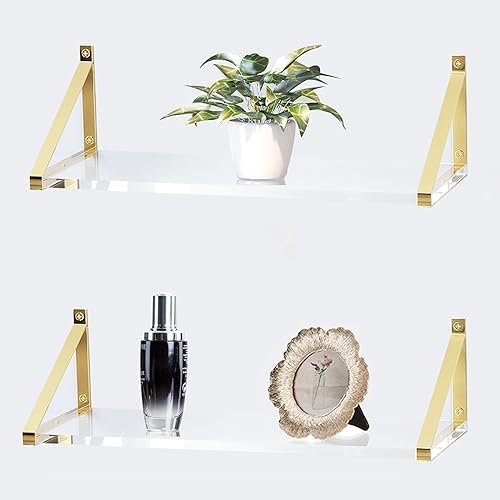 Clear Acrylic Floating Shelves, Crystal-Clear, Sturdy 10mm Thickness, Wall Shelf Set of 2 for Living Room