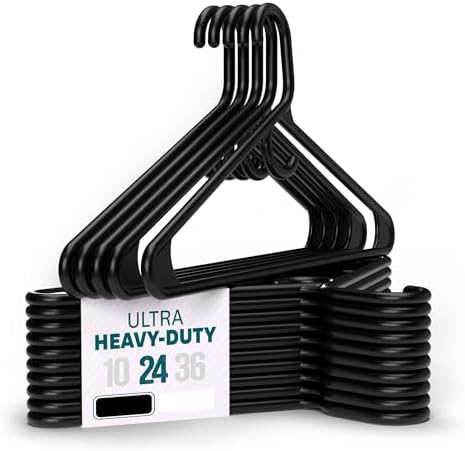 Heavy Duty Clothes Hangers, 24 Pack - Space Saving, Ultra Strong Black Plastic - Hang Your Belt, Pants, Coat, Shirt, Shorts, Jeans, Sweater and More - Bulk Closet Storage for Adults Clothing