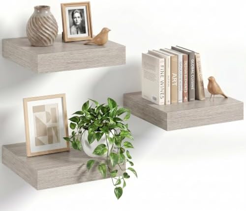 8" Long x 8" Deep Floating Shelves for Wall, Set of 3, 1.5" Thick, Gray