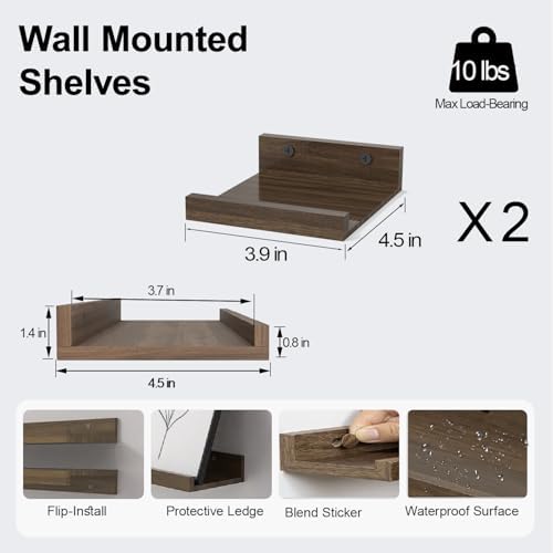 Small Walnut Floating Shelves for Wall, 4 in Shelf with Lip Set of 2
