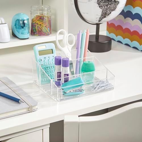 STORi Clear Plastic Small Countertop Vanity Makeup Organizer, Compact Rectangular 4-Compartment Holder for Brushes, Eyes