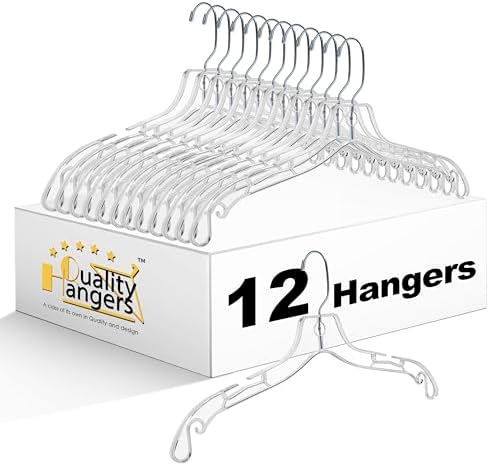 Quality Clear Hangers 12 Pack - Crystal Hangers for Clothes - Durable Plastic Hanger Set - Invisible Dress for Suits - Heavy Duty - Nonslip Coat and Shirt