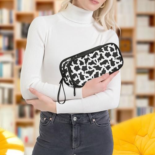 Wfrish Large Pencil Case,Cow Print Big Capacity Pencil Pouch 3 Compartments,Zipper Pencil Box, Back to School Supplies for Teen Girls Boy Student College Adults,Travel Essentials Blue White Black