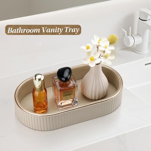 GORESE PU Leather Perfume Tray Nightstand Organizer, Small Oval Desk Tray Jewelry Trinket Trays Valet Organizer Key Bowl