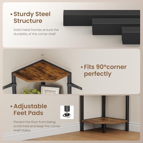 Creso hom Corner Shelf, 3-Tier Industrial Corner Bookshelf with Metal Frame