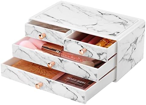 Lewondr Makeup Organizer for Vanity, Plastic Makeup Storage Organizer Box with 4 Removable Drawers, Bathroom Countertop 