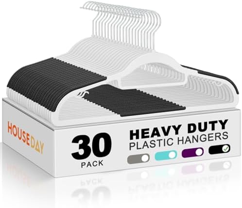HOUSE DAY Slim Plastic Hangers 30 Pack, Non Slip White Clothes Hangers