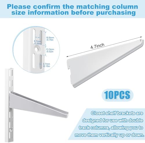 Yalikop 10 Pack Adjustable Shelf Brackets for Double Track System Closet Organization Heavy Duty Wire Shelf Brackets (Wh