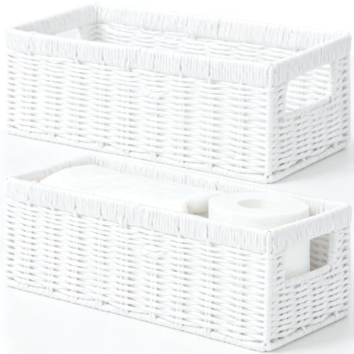 Vagusicc Wicker Storage Basket, Paper Rope Wicker Baskets with Handles, Toilet Paper Basket for Toilet Tank Top, Small Wicke Baskets for Organizing Shelves, 2-Pack, White