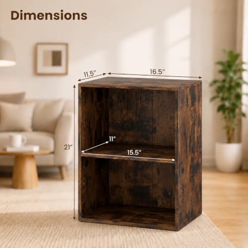 POWERSTONE 2 Tier Bookshelf, Cube Open Bookcase, 2PCS Rustic Brown