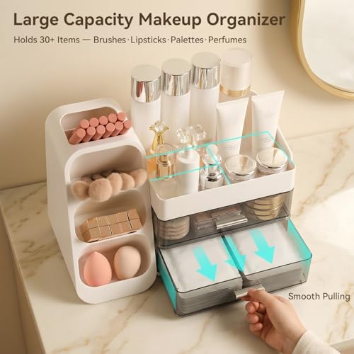 Makeup Organizer for Vanity with Brush Holder and 2 Drawers, White