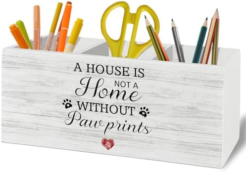 Dog Pen Pencil Holder Organizer for Desk Accessories, Dog Mom Dad Lovers Gifts, a House Is Not a Home Without Paw Prints Wooden Box Sign Desk Decor for Home Decoration, Pet Lover Gifts