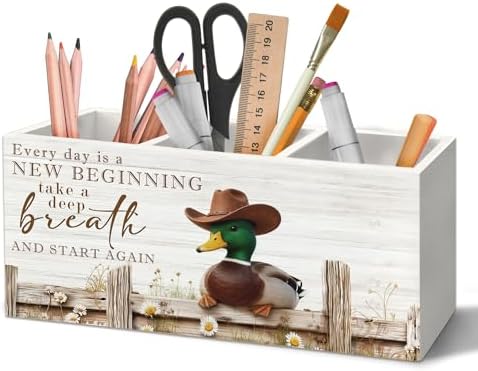 Inspirational Western Cowboy Mallard Duck Pen Holder Organizer for Desk Accessories, Farmhouse Daisy Floral Mallard Duck Wooden Box Sign Desk Decorations for Home Office Decor