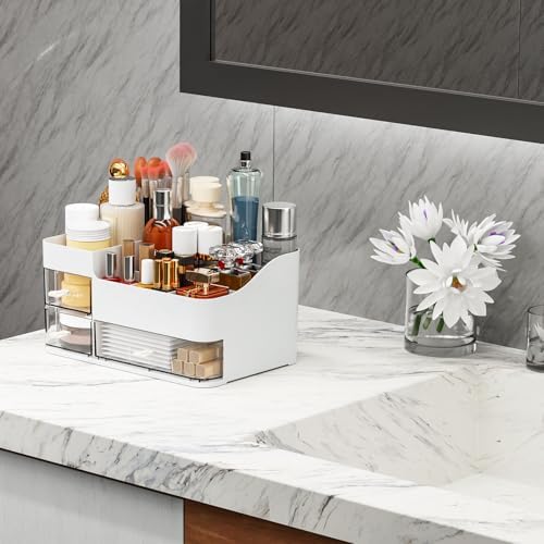 SuoXing White Make up Organizers for Vanity,Large Plastic Bathroom Counter Organizer With Drawers,Skincare Organizers an