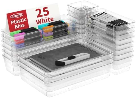 Cetomo 25 Pcs Drawer Organiser Set, Plastic Storage Drawer Organizer, Drawer Dividers, Adjustable and Expandable, Container Tray for Kitchen Utensils, Cosmetic, Makeup, Gadgets, Clear, 4 Size-25 Pack