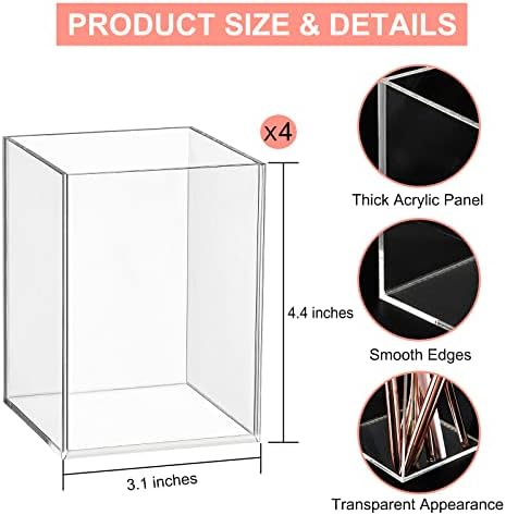 Mototo 4 Pieces Clear Acrylic Pen Holder Acrylic Pencil Cup Makeup Bush Holder Acrylic Desktop Stationery Organizer for Office, School, Home Desk Accessories - 4 Pack, Square