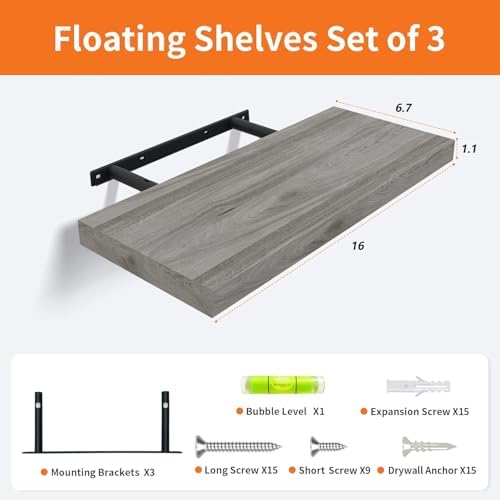 Floating Shelves for Wall Set of 3, 16" Gray Wall Shelves for Home Decor