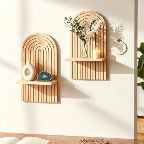LIYAOLI Boho Plant Wall Shelf Set of 2, Wooden Floating Shelves for Decor