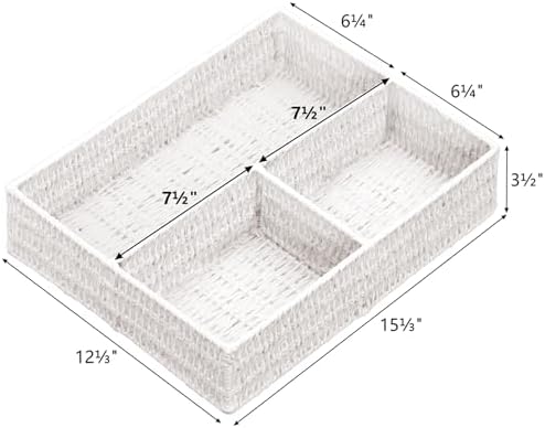 Vagusicc Wicker Divided Storage Basket, White Wicker Baskets, Basket for Shelves Drawer Organizing, 3 Section Rectangula