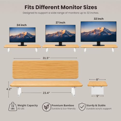 Bamboo Monitor Riser, Wide Desktop Monitor Stand for Desk with Clear Acrylic Legs, 31.5 x 8inch Bamboo Wood Shelf, Fit K