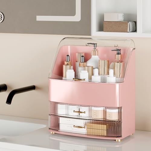 Makeup Organizer Countertop Vanity with Transparent Lid Drawers Waterproof Dustproof Cosmetic Skincare Bathroom Storage 