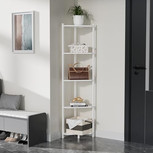 Wisuce Bamboo Tall Corner Shelf Stand, 5-Tier White Corner Bookshelf
