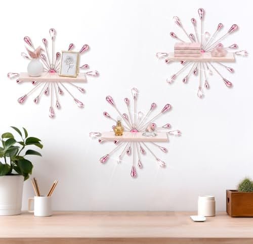 Yaocom 3 Pcs Bling Crystal Floating Shelves Metal Starbursts Wall Decor Folding Shelf Pink Corner Shelves Hanging Wall M