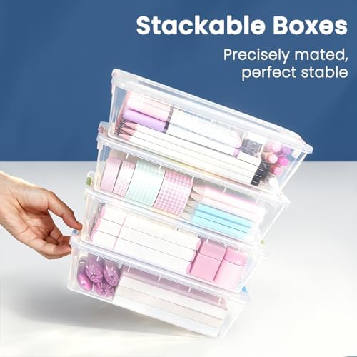 Sooez 6 Pack Pencil Boxes, New Extra Large Pencil Case, Stackable Crayon Pen Box, Clear Marker Organizer Craft Storage, Plastic Containers with Lids, Art Storage Box for School Supplies, Orange