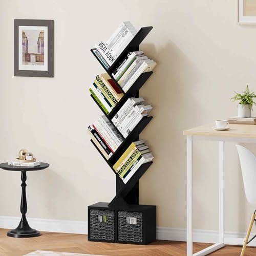 Vagusicc 6 Tier Tree Bookshelf with 2 Storage Cabinets, Tall Display Shelf Organizer for Books, Magazines, Home Decor, N