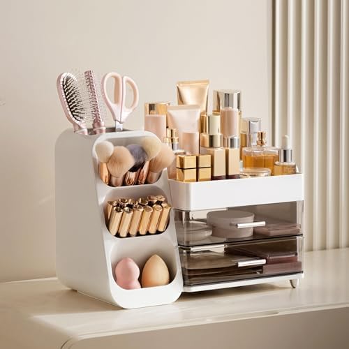 HBlife Makeup Organizer with Brush Holder for Vanity, Large Plastic Bathroom Countertop Organizer Skin Care Storage, Eas