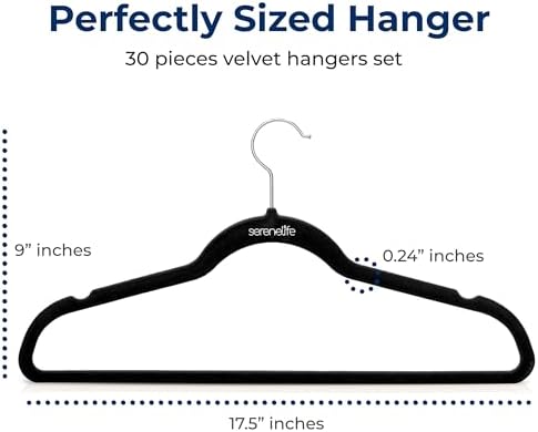 SereneLife 30 Pack Black Velvet Non-Slip Hangers w/ 360° Swivel Hook