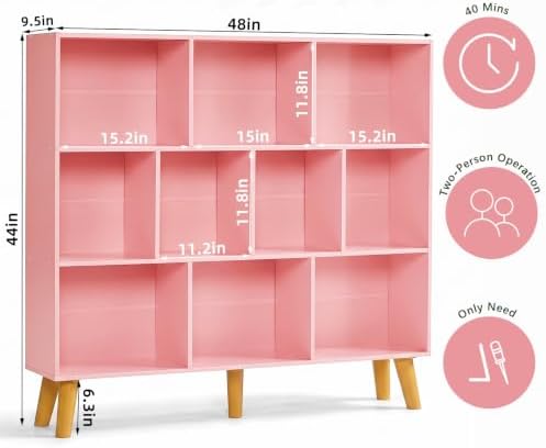YAHARBO 10 Cube Bookshelf,3 Tier Bookcase with Legs,Light Pink Mid-Century Modern Bookshelves,Large Free Standing Open S