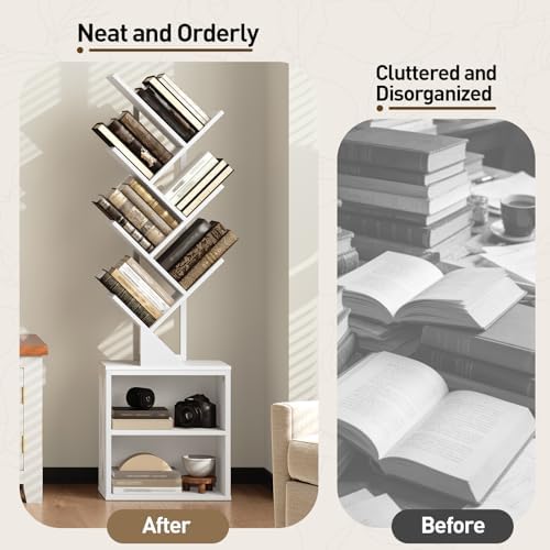 RALGEND Tree Bookshelf, 6 Tier Bookcase with 2 Storage Racks, Free Standing Wooden Bookcase, Floor Standing Book Shelf O