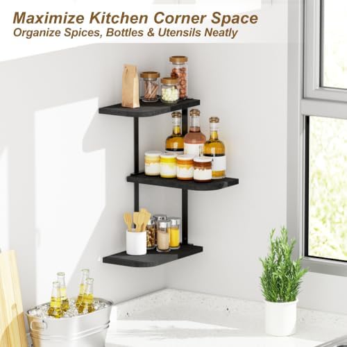 Love-KANKEI Large Corner Shelf 3-Tier, Solid Wood&Bracket, 17" Tall, Black
