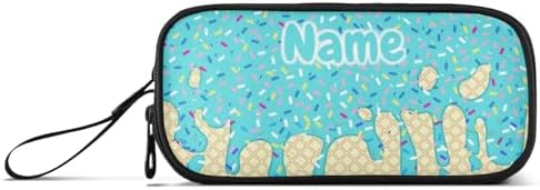 Custom Teal Blue Ice Cream Print Pencil Case Box Boys Girls Personalized Name Large Pencil Pouch Stationery Pen Bag Organizer for Kids Adults School Office